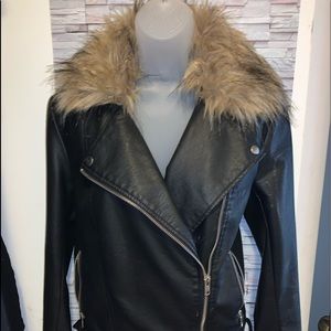 Black leather jacket with fur